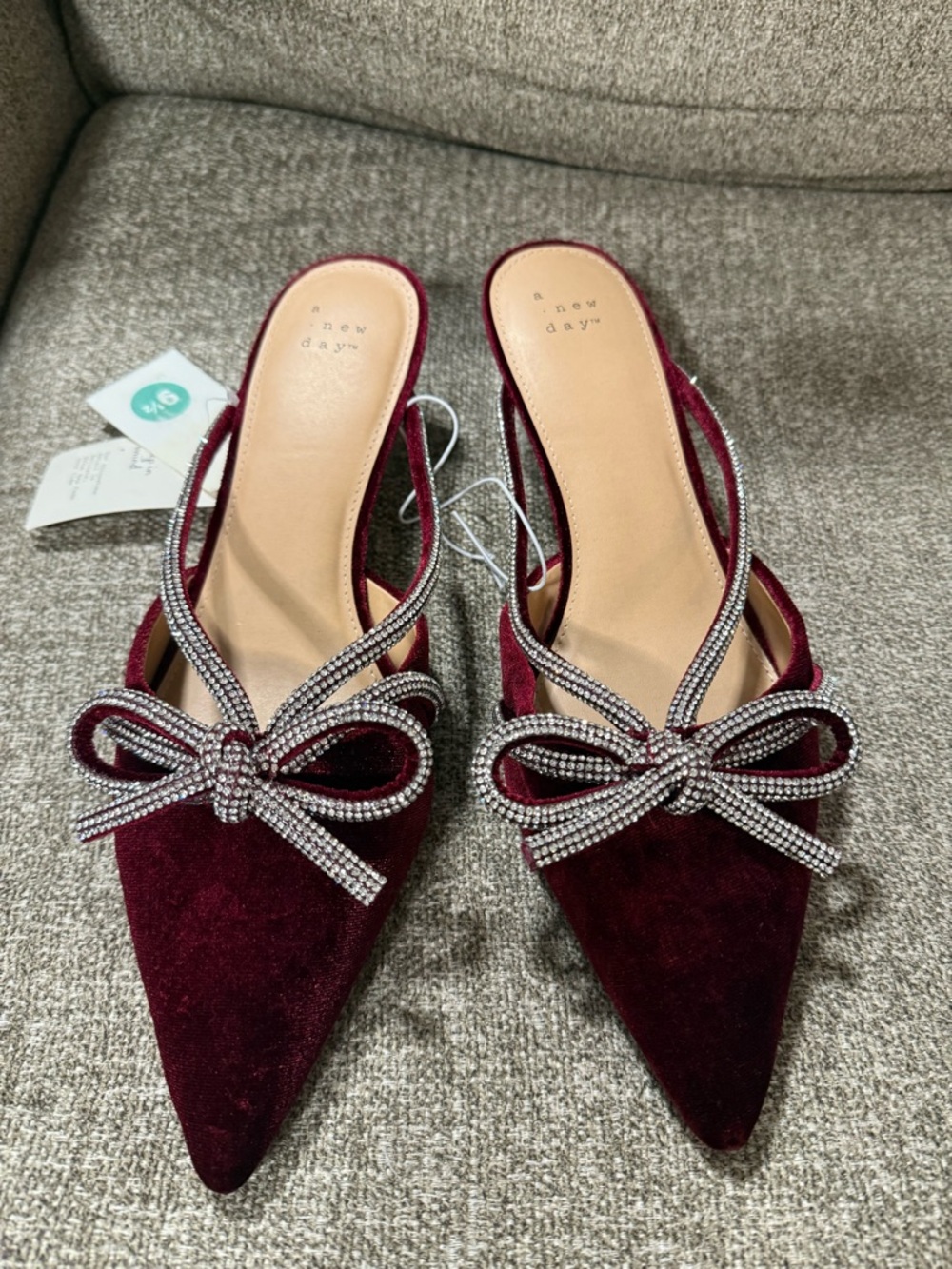 a new day Burgundy Velvet Pointed Slingback Flats with Crystal Bow